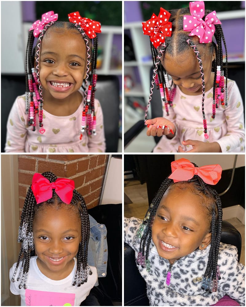 African American Toddlers are Wearing poetic justice braids with hair bows, beads and braid strings.