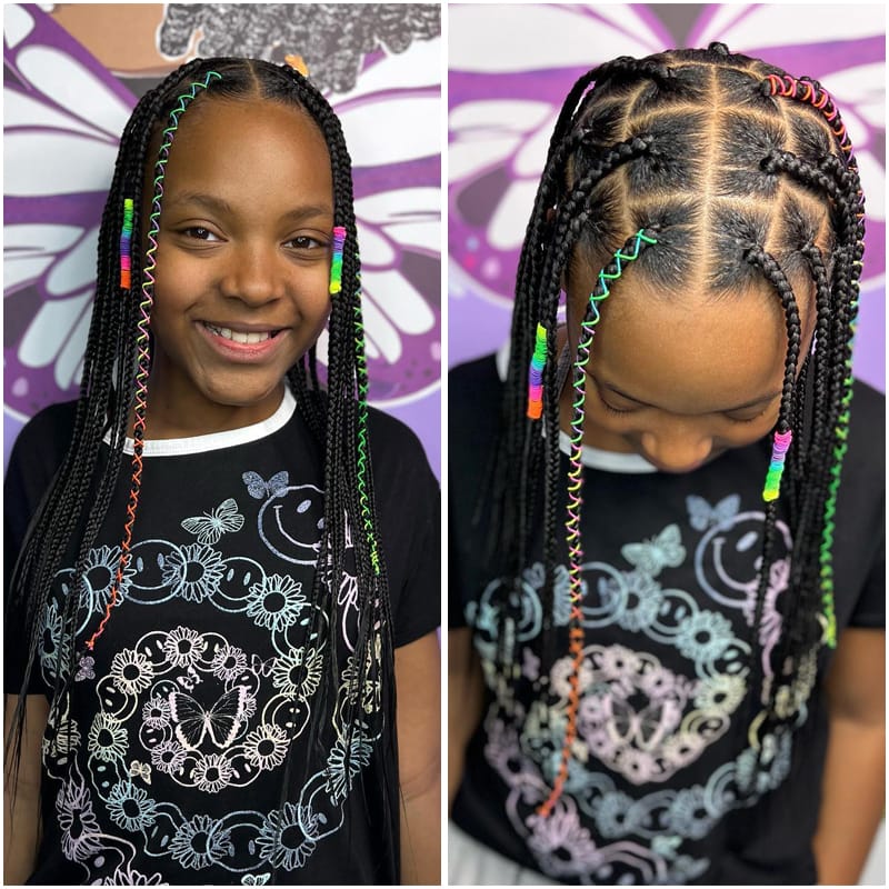 Black Kids' Long Single Braids + Beads + Braid Strings