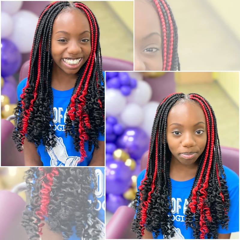 A 9 Year-Pld Black Girl is Wearing Black and red Box Braids Combo hairstyle With Goddess Curls