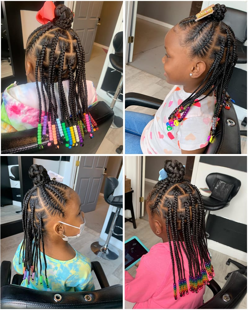 Black kids wearing box braids, colorful beads, and topknots.