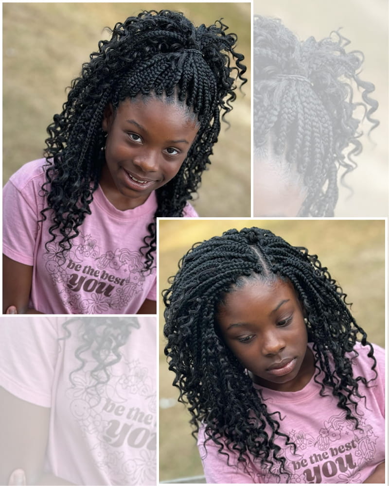 A Cute Smiling Black Kid Wearing Lovely Crochet Box Braids Style with Curly Edges.