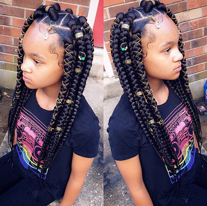 Jumbo Box Braids + Beads + Hair Cuffs + Golden Braid String