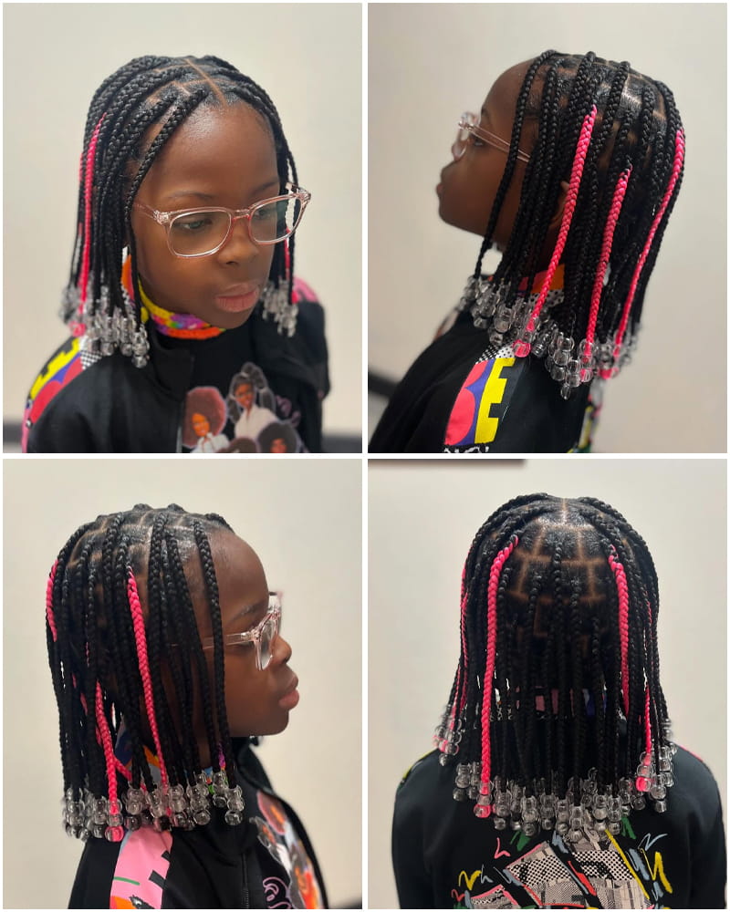 Kid with Shoulder-Length Box Braids + Transparent Beads + Pink Highlights