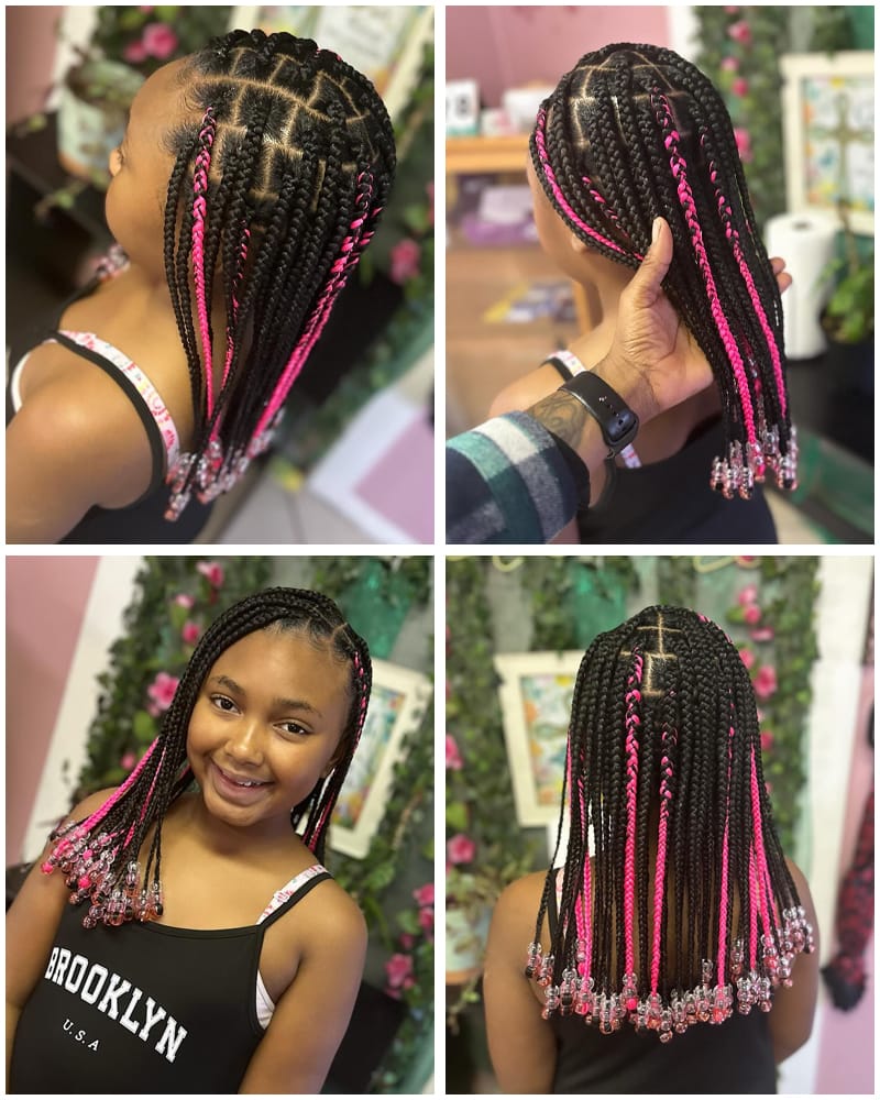 12 Year Old Kids Wearing Lovely Knotless Box Braids Hairstyle with Pink Highlights and Transparent Beads.