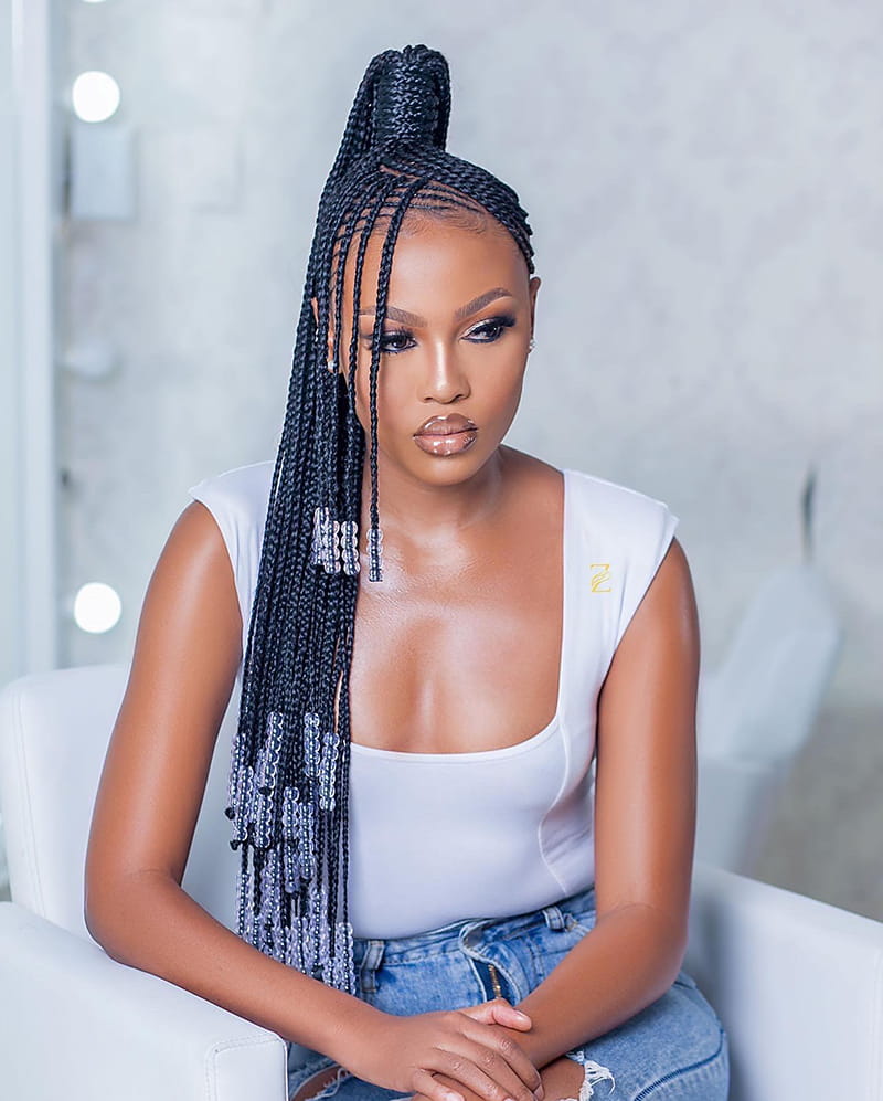 A dark woman wearing a braided ponytail Hairstyle. The braids are Fulani Braids and adorned with beautiful transparent beads.