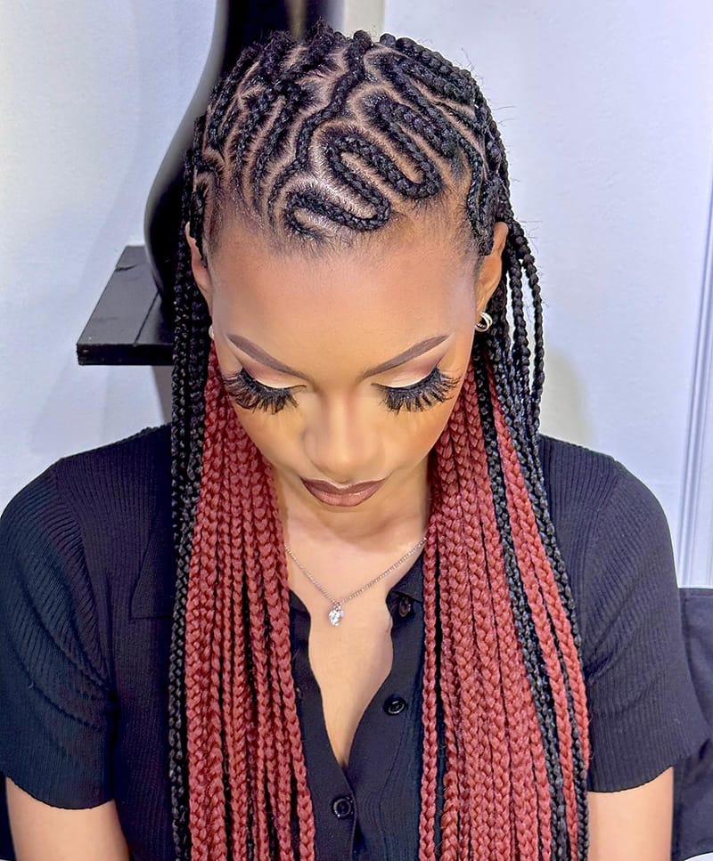 Woman Wearing Wavy Asymmetrical Fulani Braids