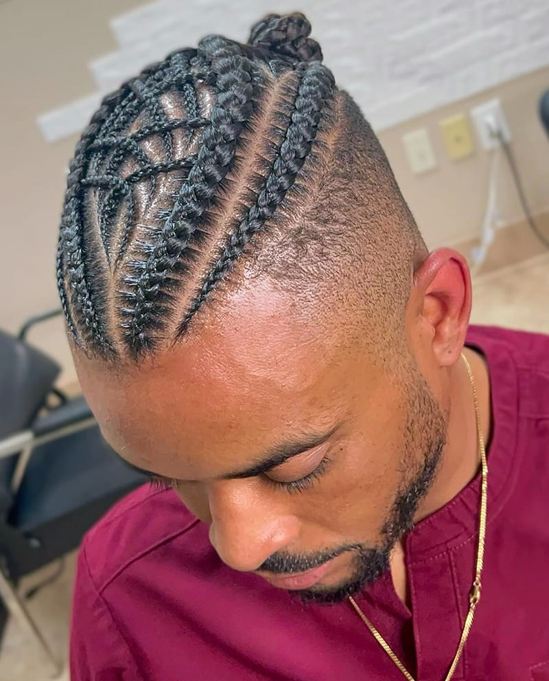 Cornrow Braided Bun Hairstyles for Black Men Front View