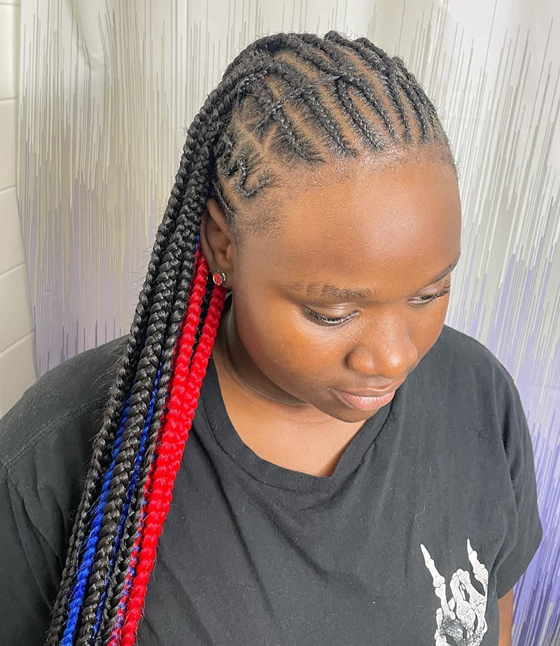 Blue and Red Peekaboo Cornrow Braids