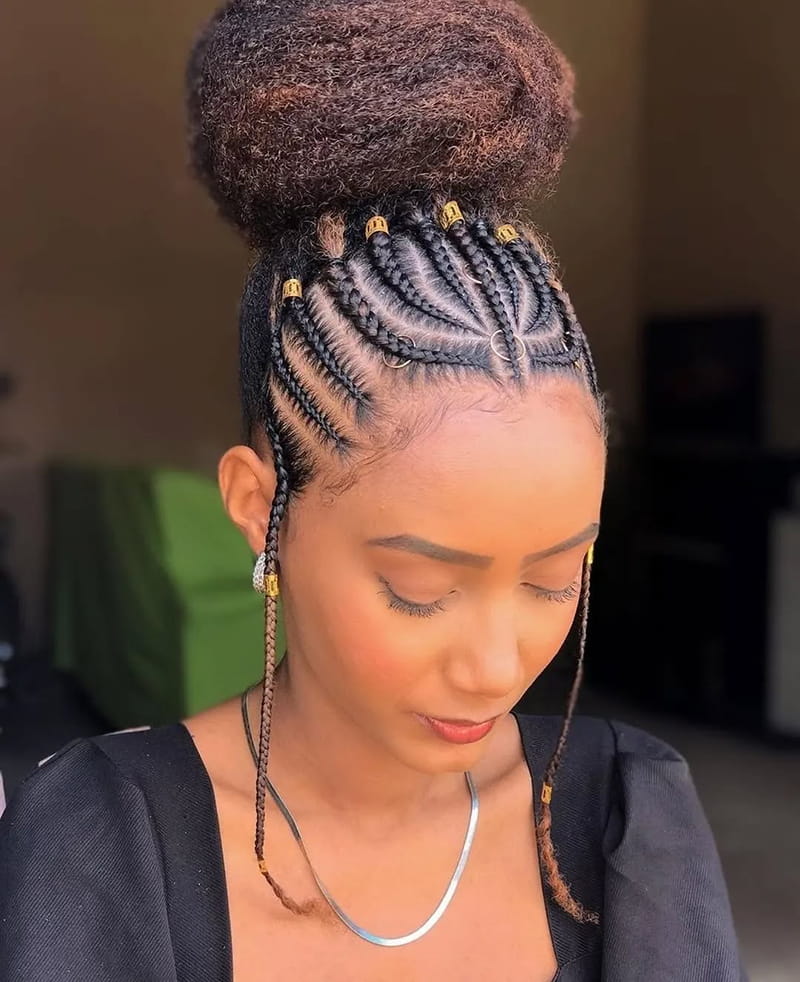 Center-Part Tribal Braids with Puff Ball