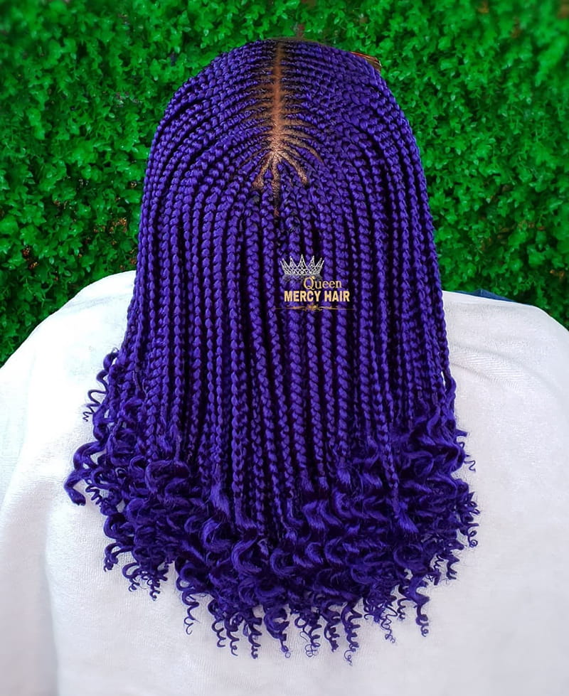 Center-Parted Purple Cornrows Braids with Curly Edges