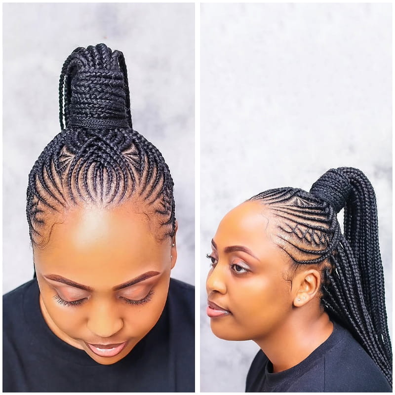Cornrow Half Ponytail with Intricate patterns