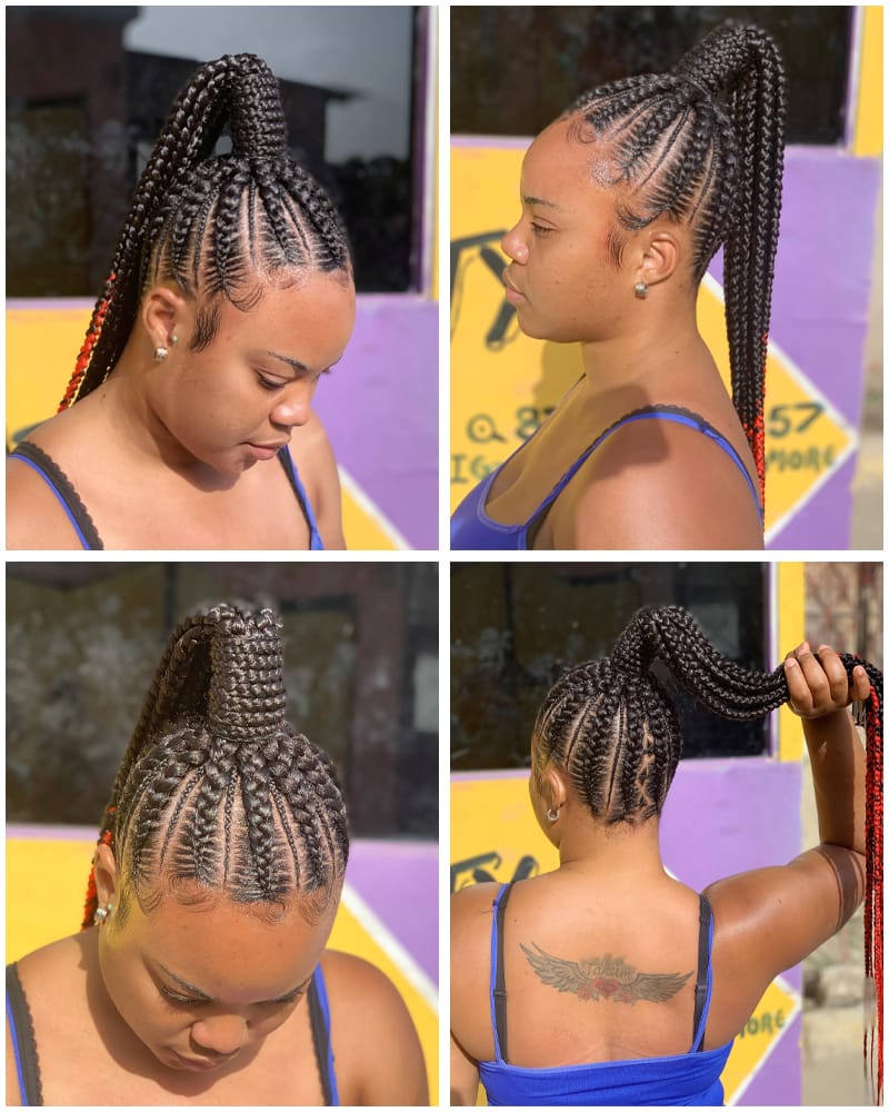 Red Highlighted Cornrow High Ponytail