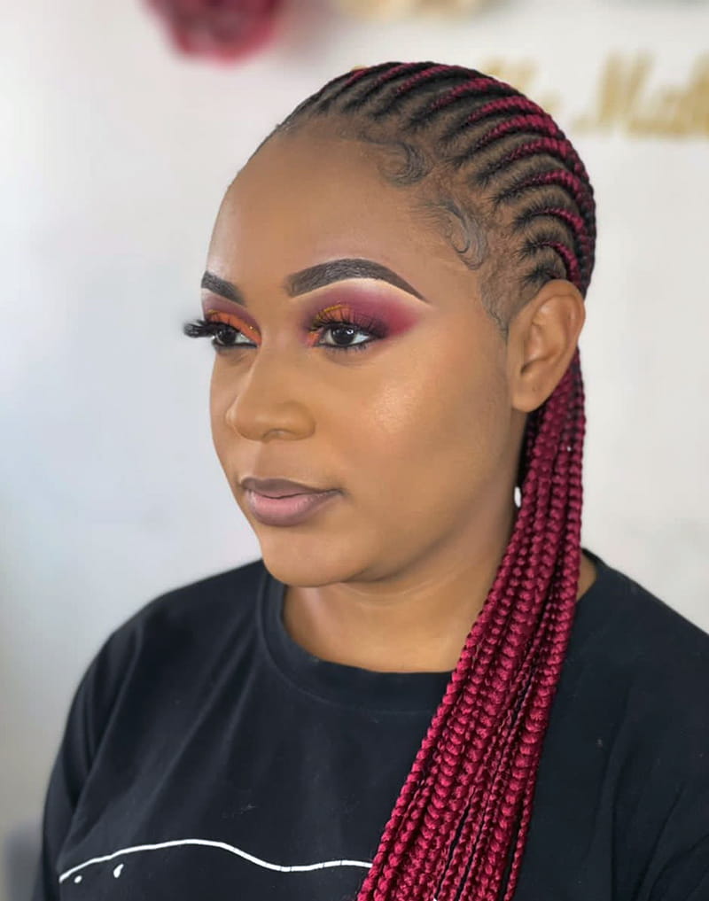 Straight Back Cornrows with Burgundy Braids