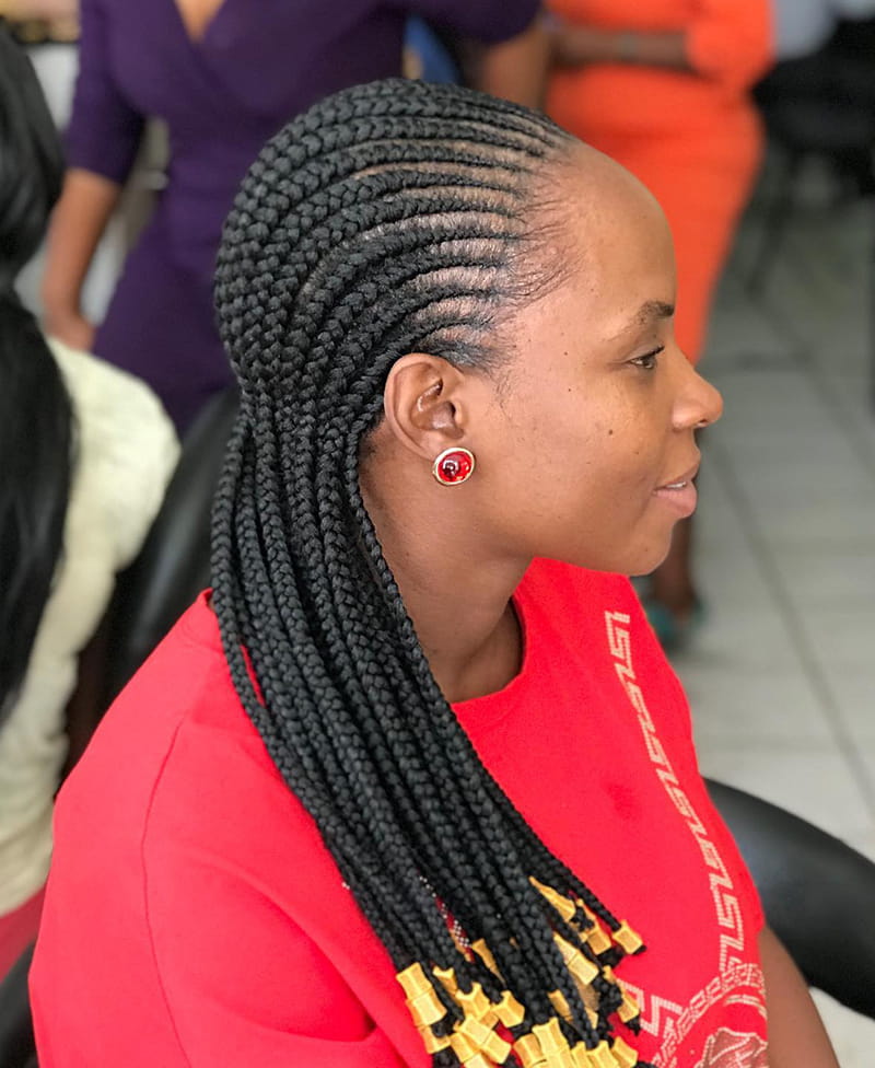 Straight Back Cornrows with Golden Beads