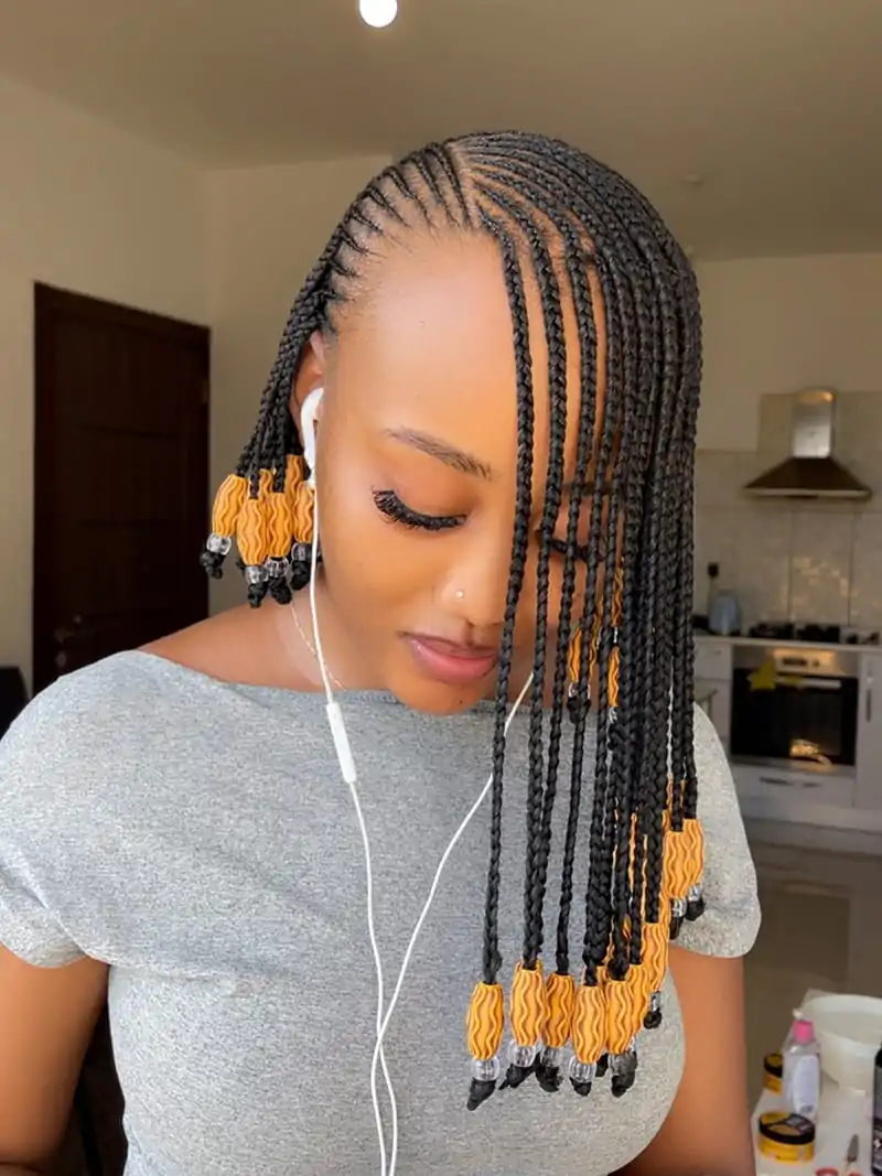 Front View of Asymmetrical Fulani Braids with a Deep Side Part