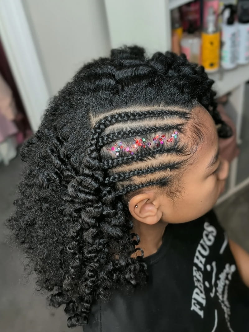 Right Side View of Side Braids with Braid-Out Curls