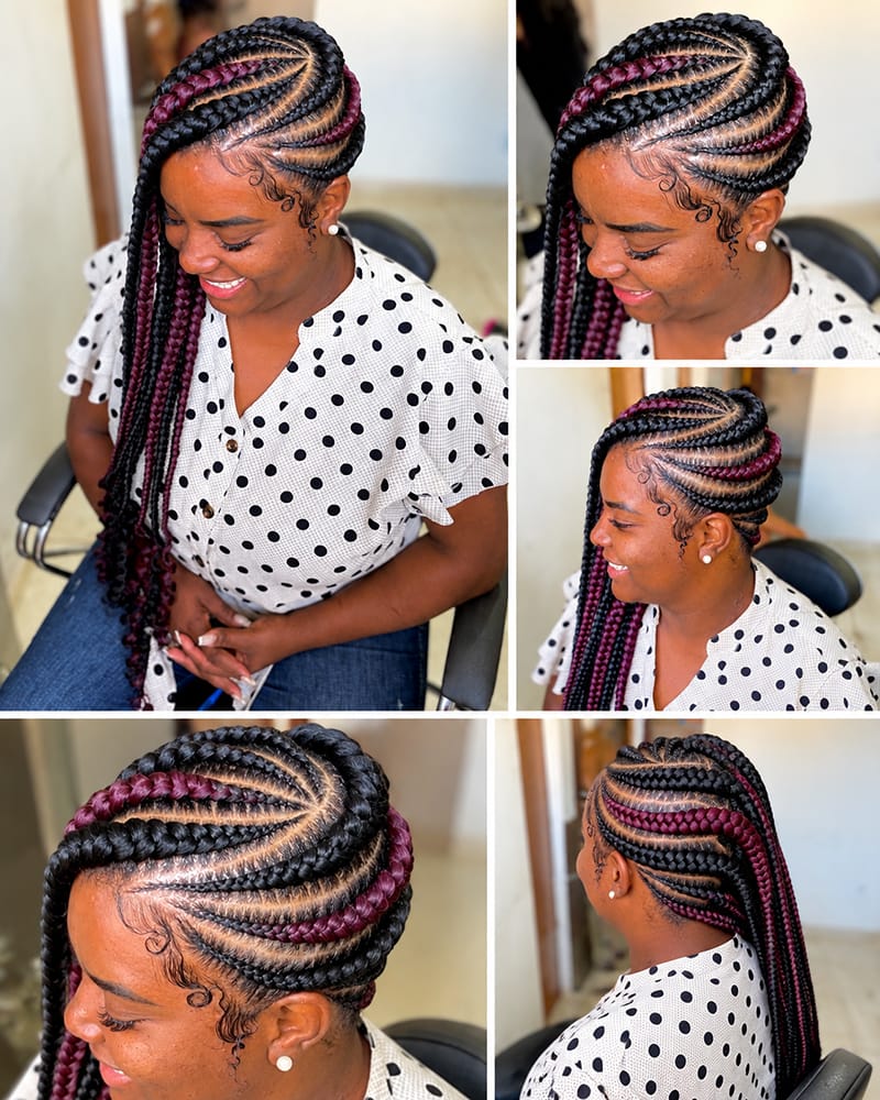 Dark woman wearing Thick Side Cornrow Braids with Highlights