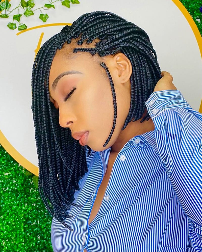Asymmetrical pixie braided bob with a stylish uneven silhouette