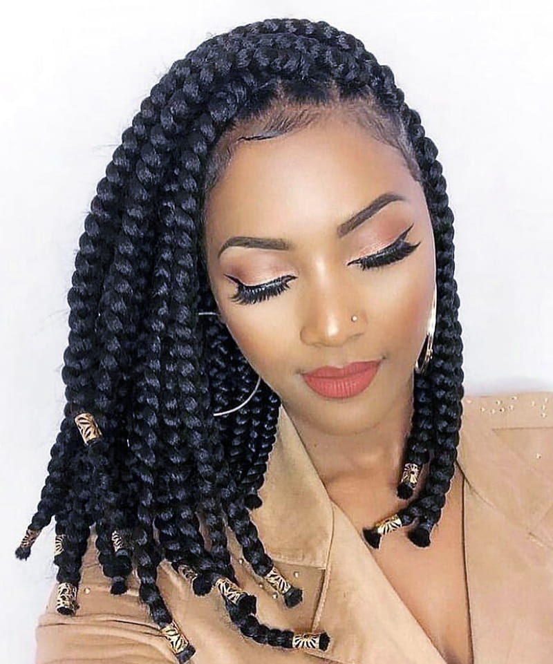 Chunky box braid pixie bob with stylish hair cuff accessories