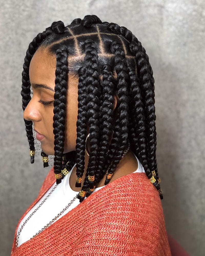 Chunky pixie box braid bob decorated with hair cuffs