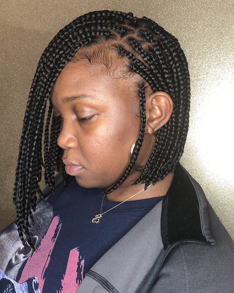 Classic side-parted pixie braid bob with a polished short silhouette