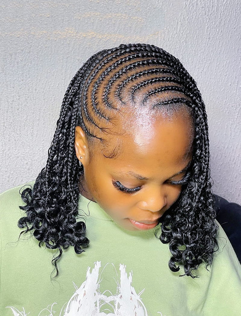 Fulani braid pixie bob with curly ringlet ends and detailed braiding