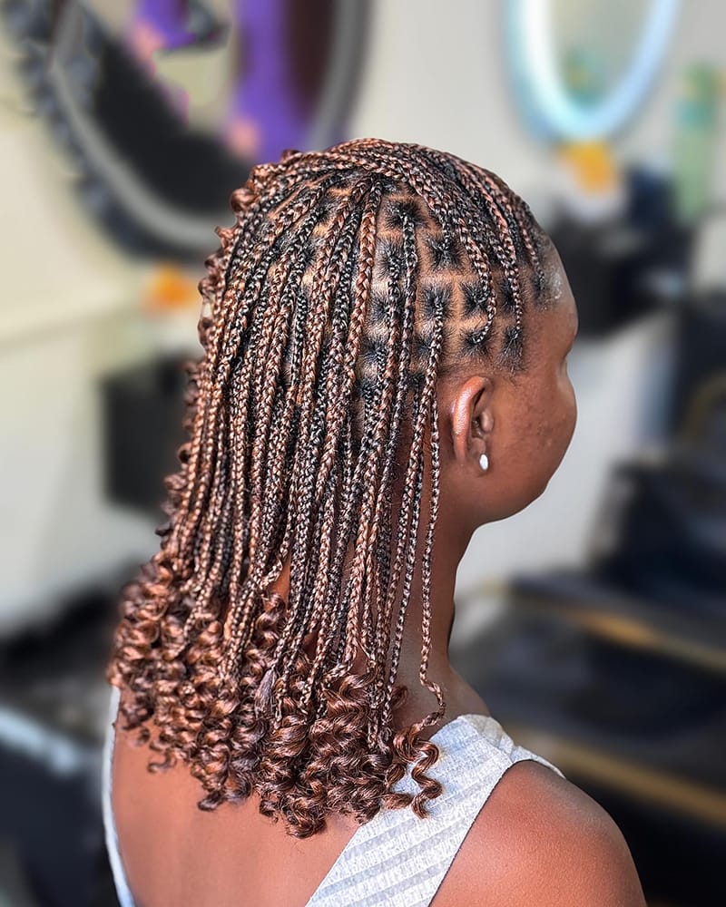 Knotless bohemian pixie braid bob with spiral curly ends