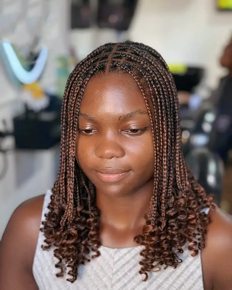 Knotless bohemian pixie braid bob with spiral curly ends