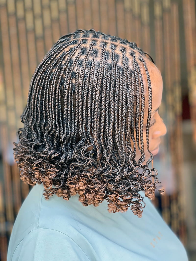 Knotless micro-braid bob with curly ringlet ends