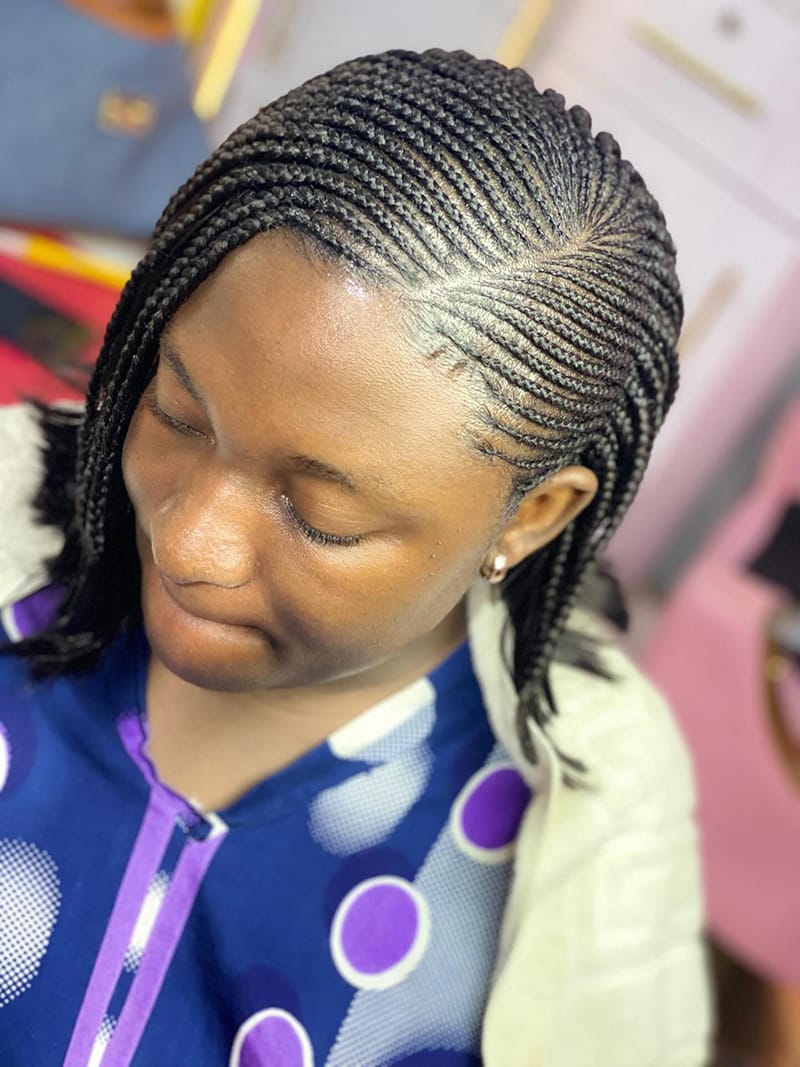 Layered micro cornrow bob with detailed short braided sections